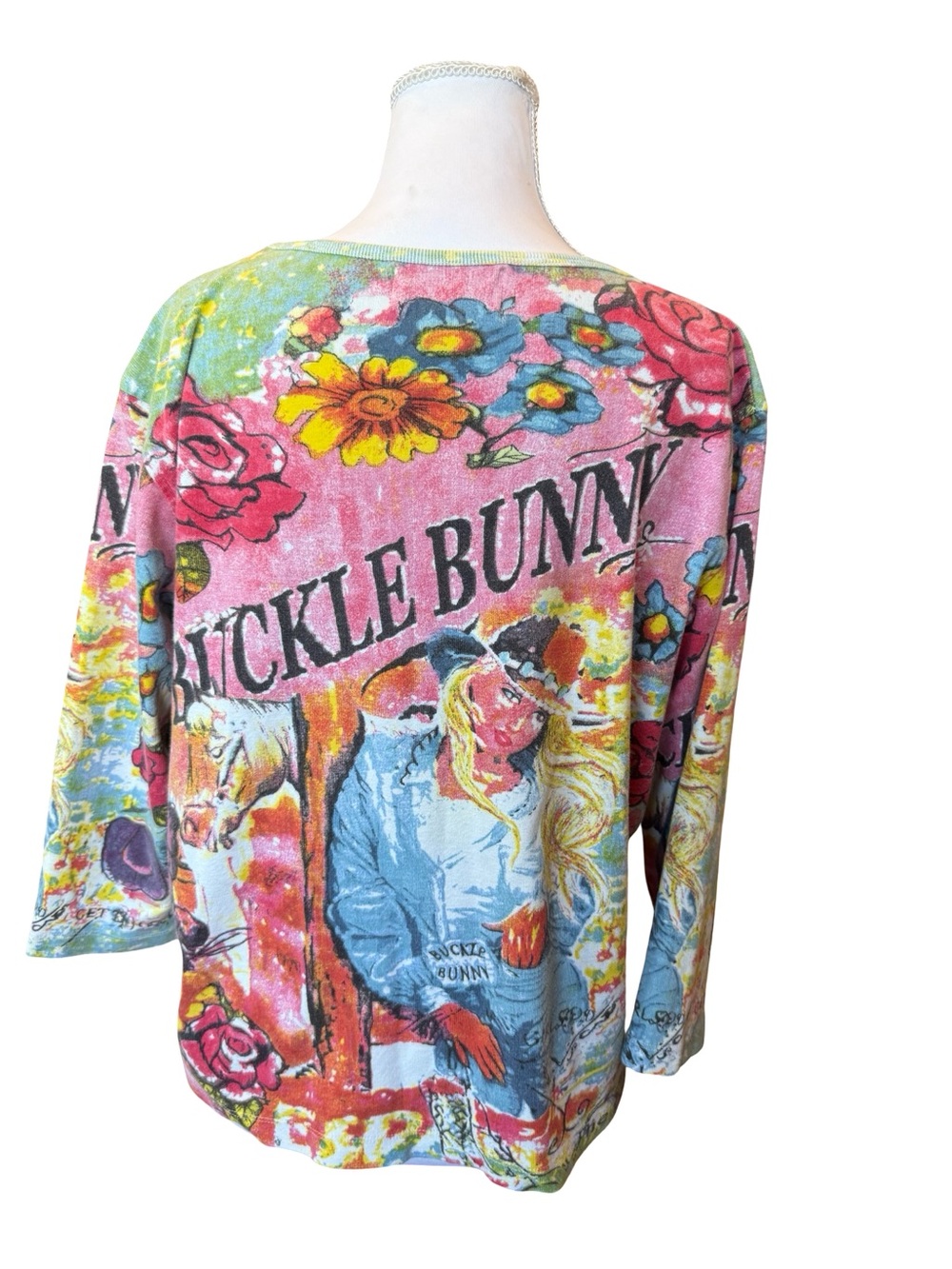 Y2K Buckle Bunny Western Graphic Top XL Pink Cowgirl Rhinestone 3/4 Sleeve Tee - Picture 4 of 7